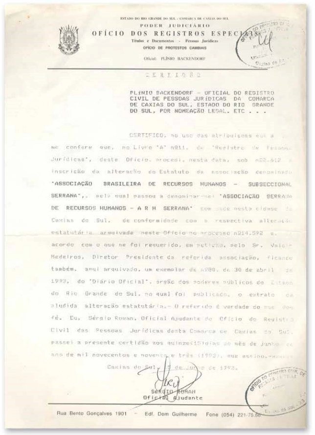 Certidão do cartório de registro da Associação Serrana de Recursos Humanos